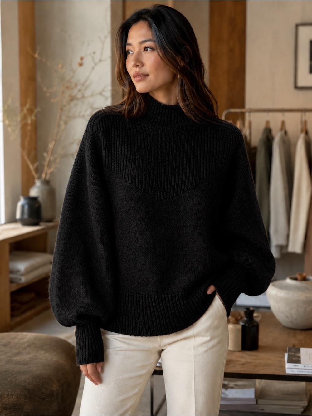 🖤 Zenana Balloon Sleeve Knit Sweater – Black
